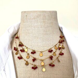 3 Layered Gold Colored and Cherry Pendant Necklace